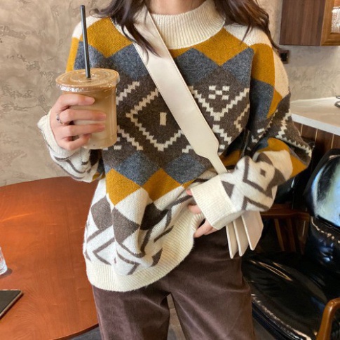 Áo Len Nữ Dày tay dài cổ tròn form rộng họa tiết caro chuẩn phong cách thời trang Hàn Quốc K5H4