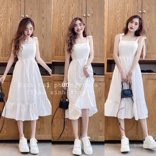 Váy xòe dài cột dây nơ vai