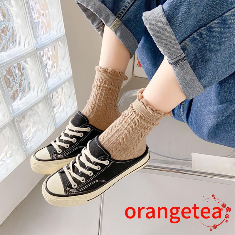 ORT-Vớ cotton ống vừa màu nâu trơn phối ren thời trang thu đông cho nữ