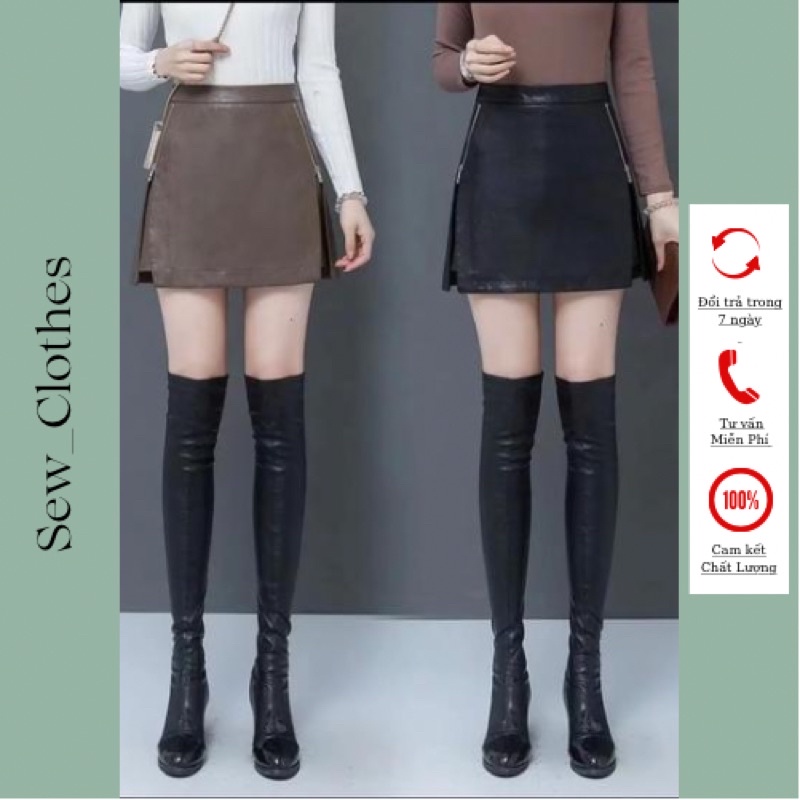 Chân Váy Da - Quần Da Giả Váy Dáng Chữ A Lưng Cao Phối Khoá Kéo Cá Tính Siêu Hot