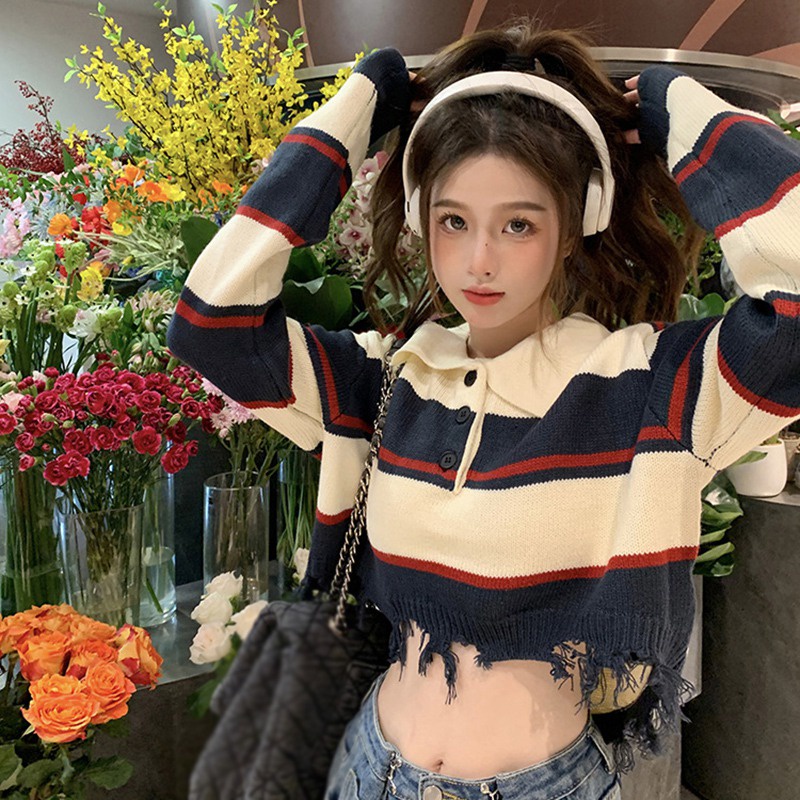 Áo Croptop Dệt Kim Tay Dài Kẻ Sọc Phối Tua Rua Thời Trang Vintage Hàn Quốc Cho Nữ
