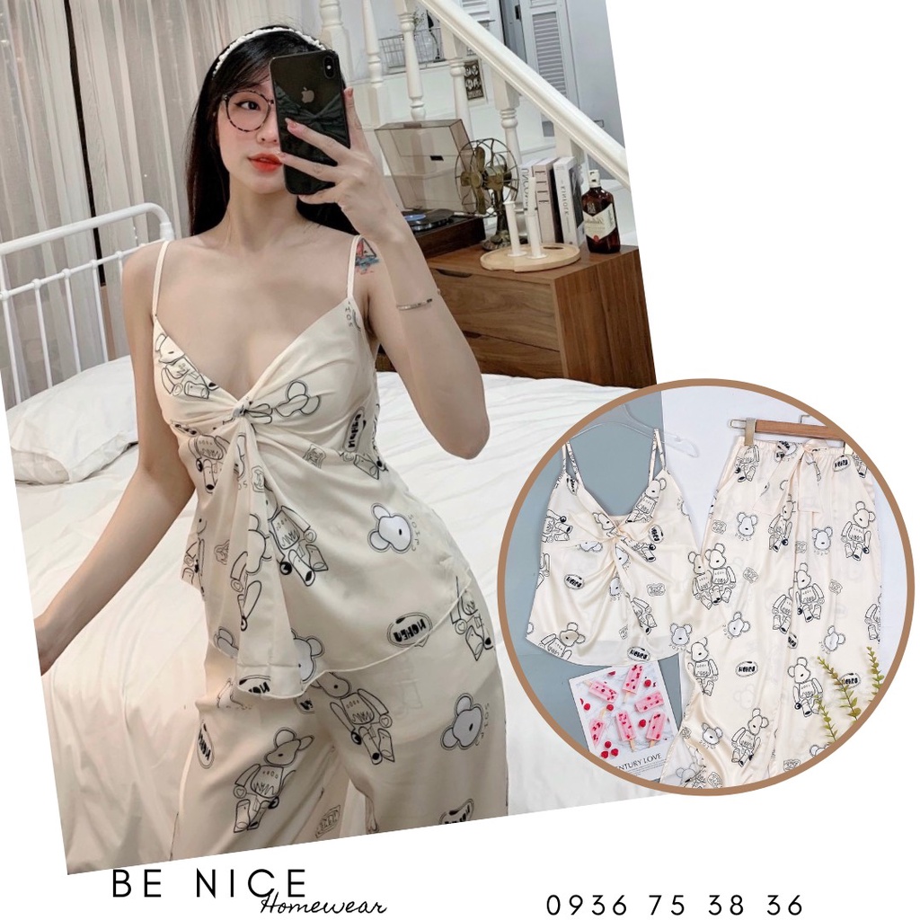 Set dây lụa dài mặc nhà xoắn ngực nhiều họa tiết xinh xắn