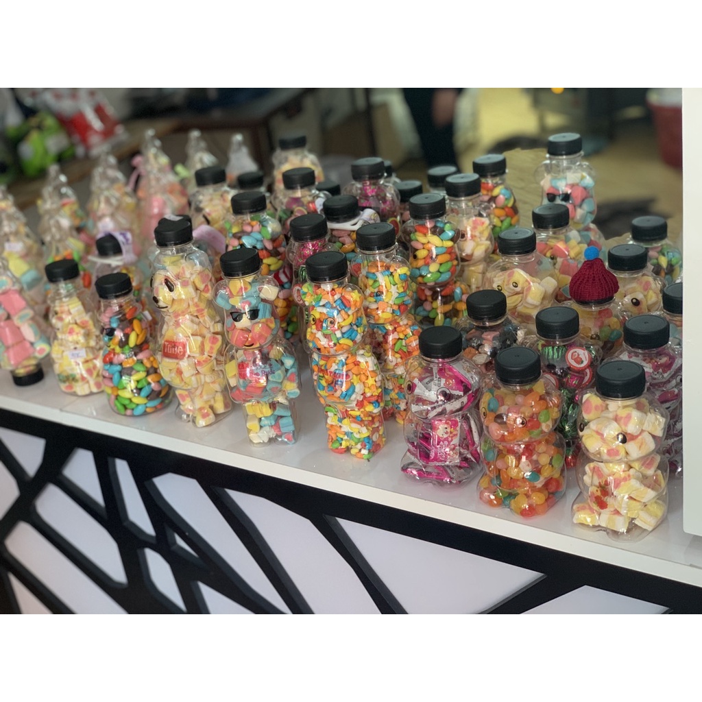 Chai nhựa đựng kẹo, trà sữa  Hottrend hình gấu, mèo, cây thông, người tuyết.. đồng giá 8k nắp nón và  vương miện cực iu