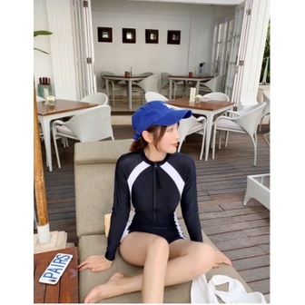 Bikini liền mảnh bodysuit có tay khoá kéo màu đen chạy sọc trắng form short kín đáo VATIXA BKN18-TAY DÀI