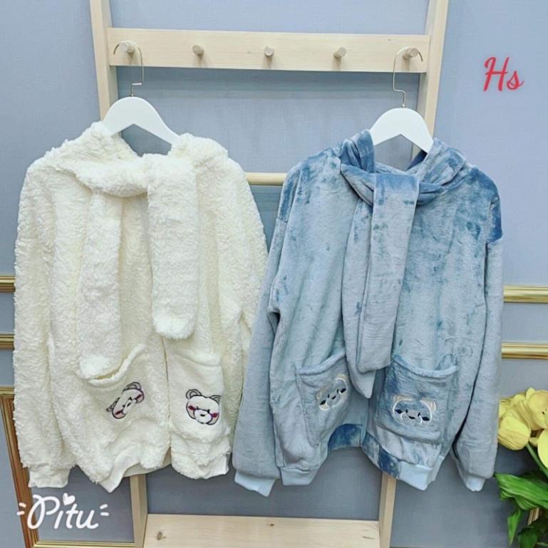 Áo khoác lông thêu túi gấu kèm khăn quàng cổ hs