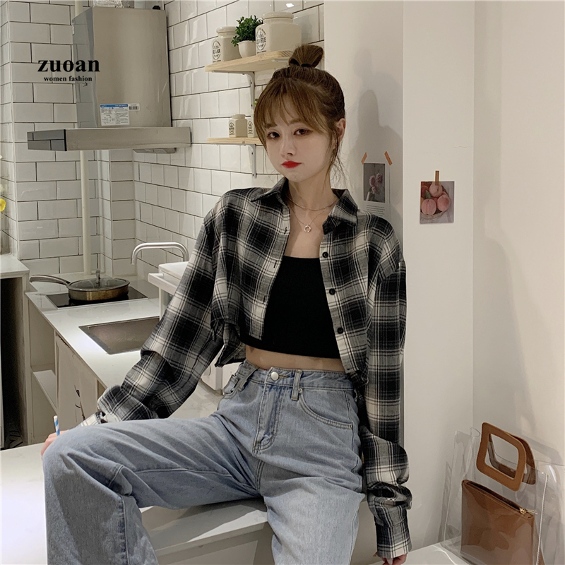 SUXI Áo croptop dài tay kẻ sọc ô caro