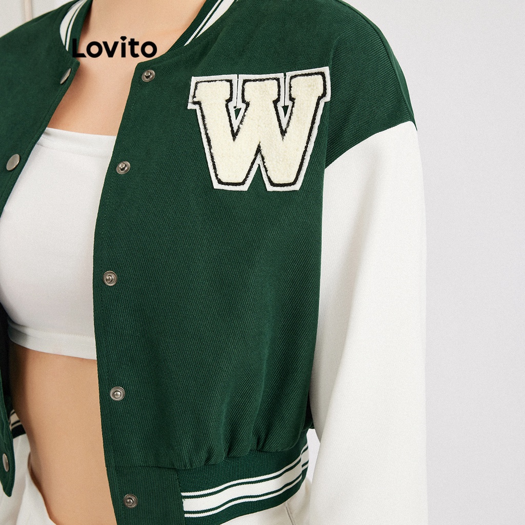 Áo khoác Lovito màu trơn họa tiết chữ cái ghép màu không biến dạng phong cách thường ngày L30ED026 (màu xanh lá)