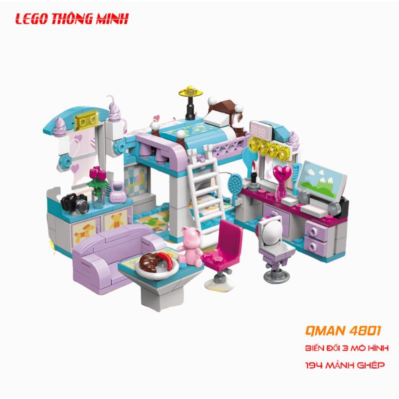 Bộ xếp hình phòng ngủ bé gái kiểu lego biến đổi 3 trong 1 QMAN 4801