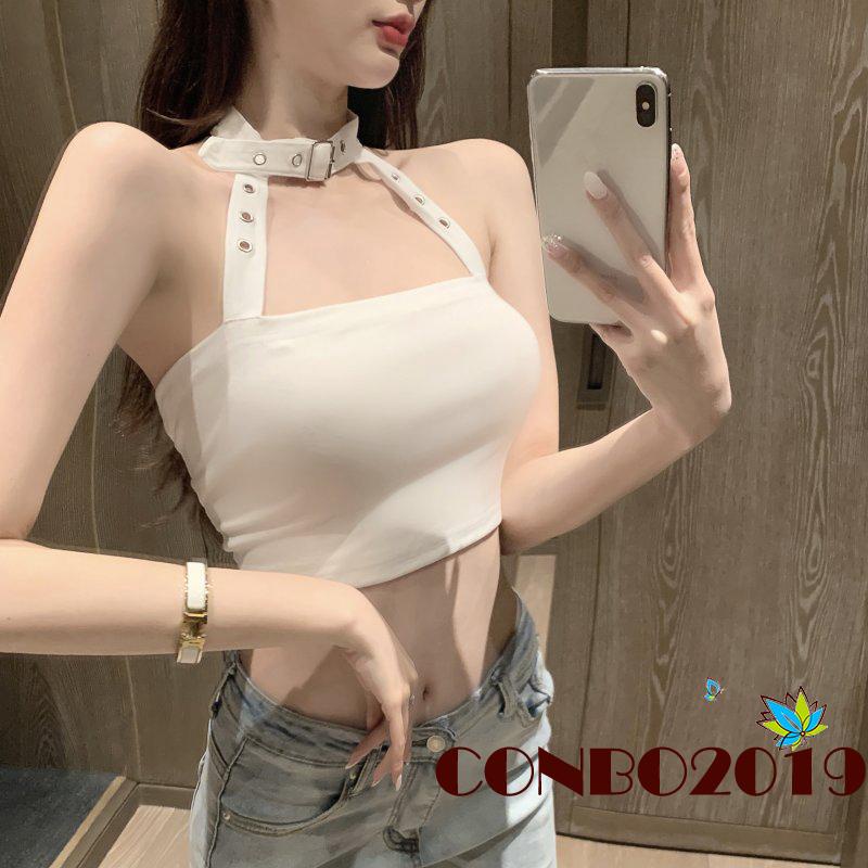 Hgm Áo Croptop Không Tay Hở Lưng Màu Trơn Mùa Hè Cho Nữ Màu Trắng / Xám / Đen