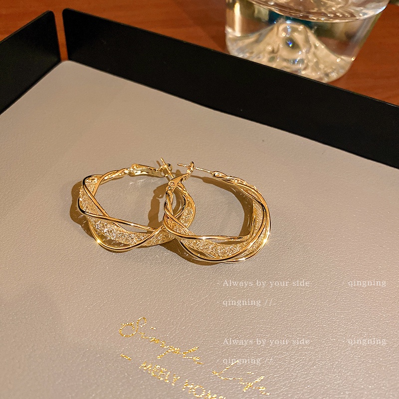 DREJEW Khuyên tai dạng vòng xoắn đính đá zircon mạ vàng phong cách Hàn Quốc thời trang cho nữ