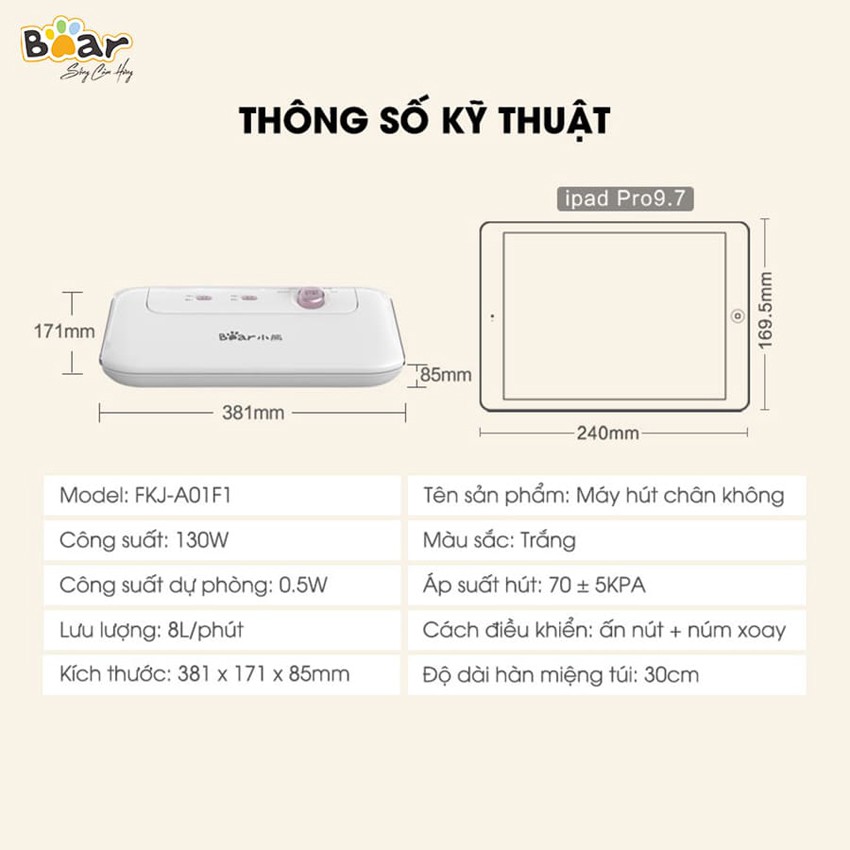 Máy hút chân không thực phẩm Bear VS-B01V1 BẢN QUỐC TẾ, áp suất hút 70KPA công suất 130W (Hàng nhập khẩu)