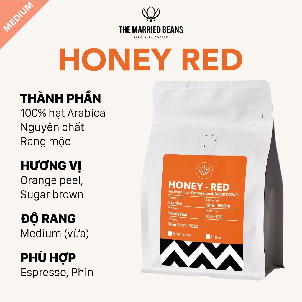 Cà phê đặc sản rang mộc Arabica 100% Honey Red, rang vừa (espresso, phin) THE MARRIED BEANS (Túi 250gr)