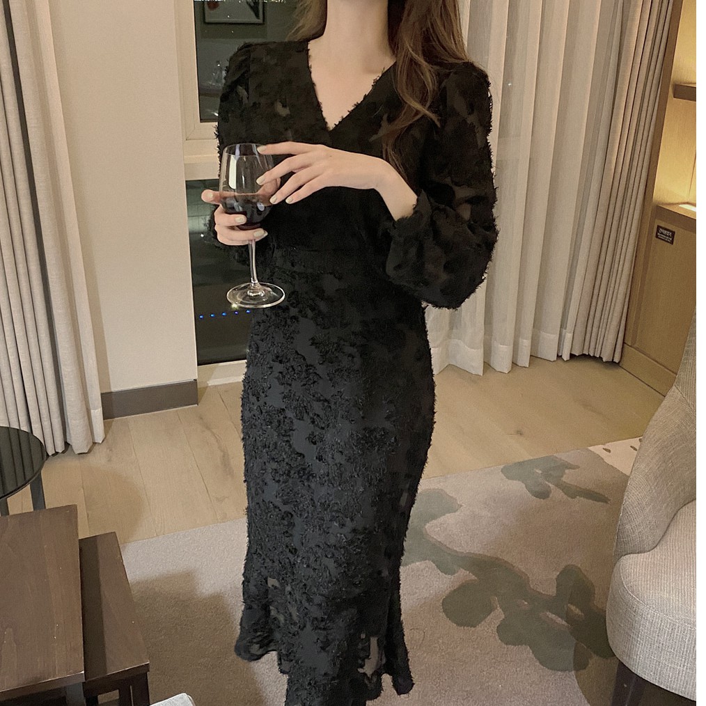 Đầm Midi Cổ Chữ V Màu Trơn Hợp Thời Trang 39379