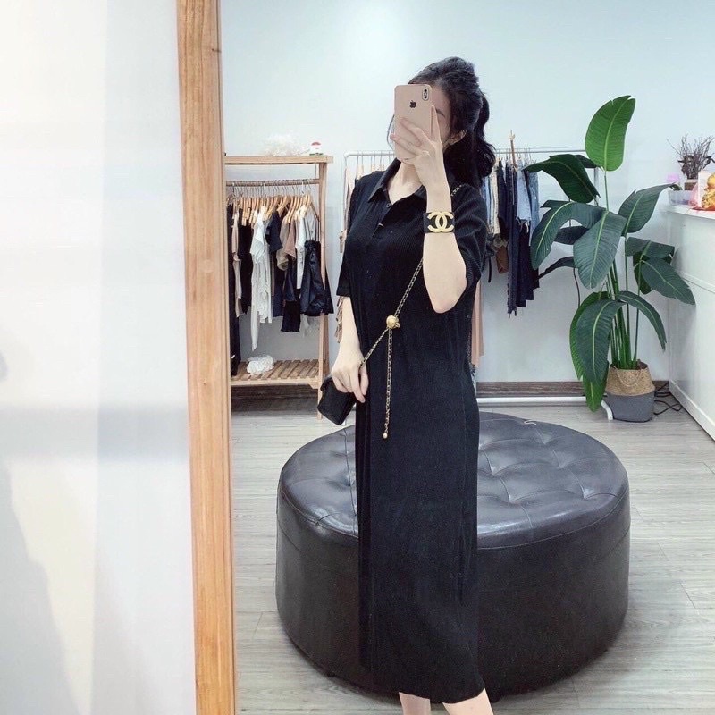 VÁY POLO HÈ TĂM NHŨN XẾP LY KHÔNG NHÀU NÁT, Váy tăm suông cổ tròn cổ sen