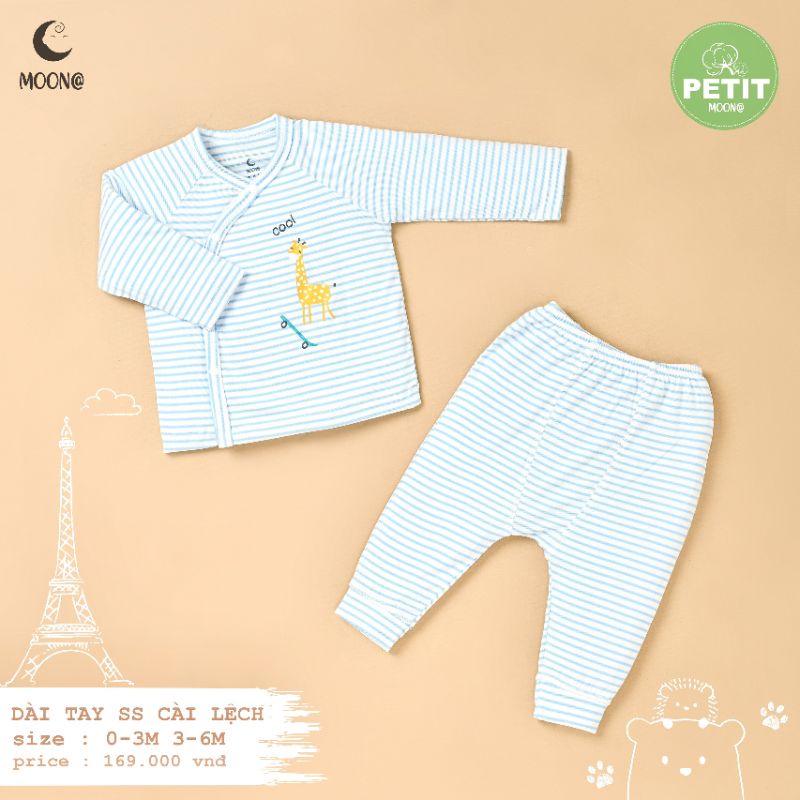 Moon -  Bộ cài chéo, cài giữa dài tay Moon vải petit siêu mềm mát cho bé sơ sinh 3-7kg