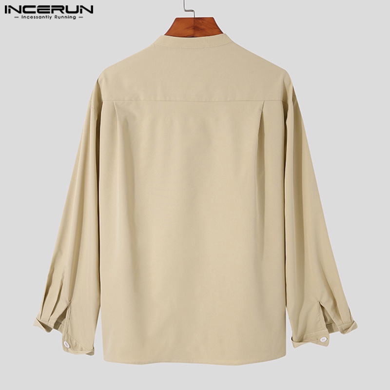Áo sơ mi INCERUN dài tay cổ chữ V vạt bất đối xứng thời trang cho nam