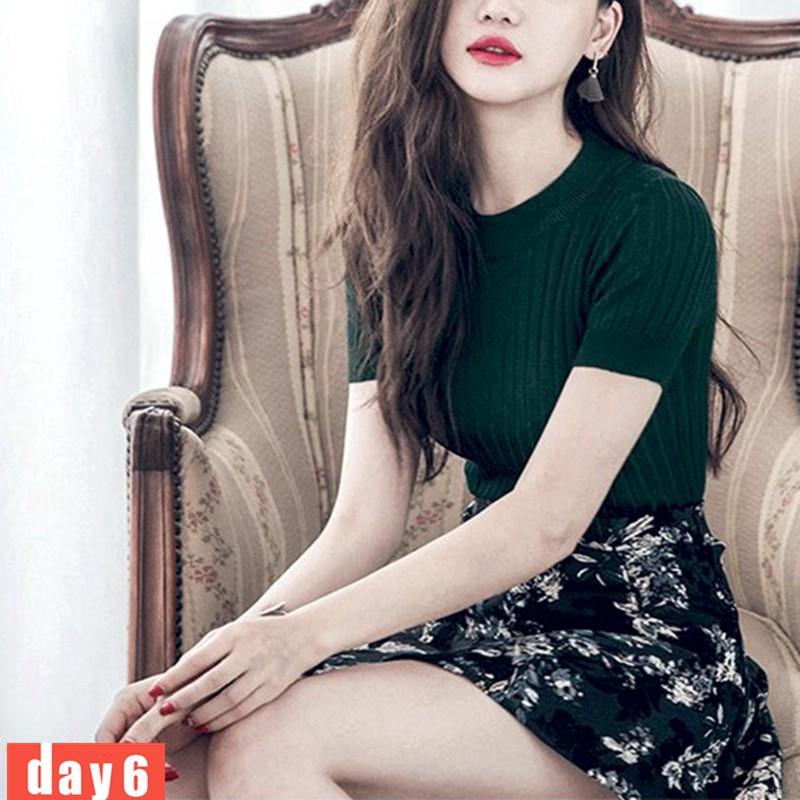 Áo thun dệt kim màu trơn ôm dáng thời trang cho nữ