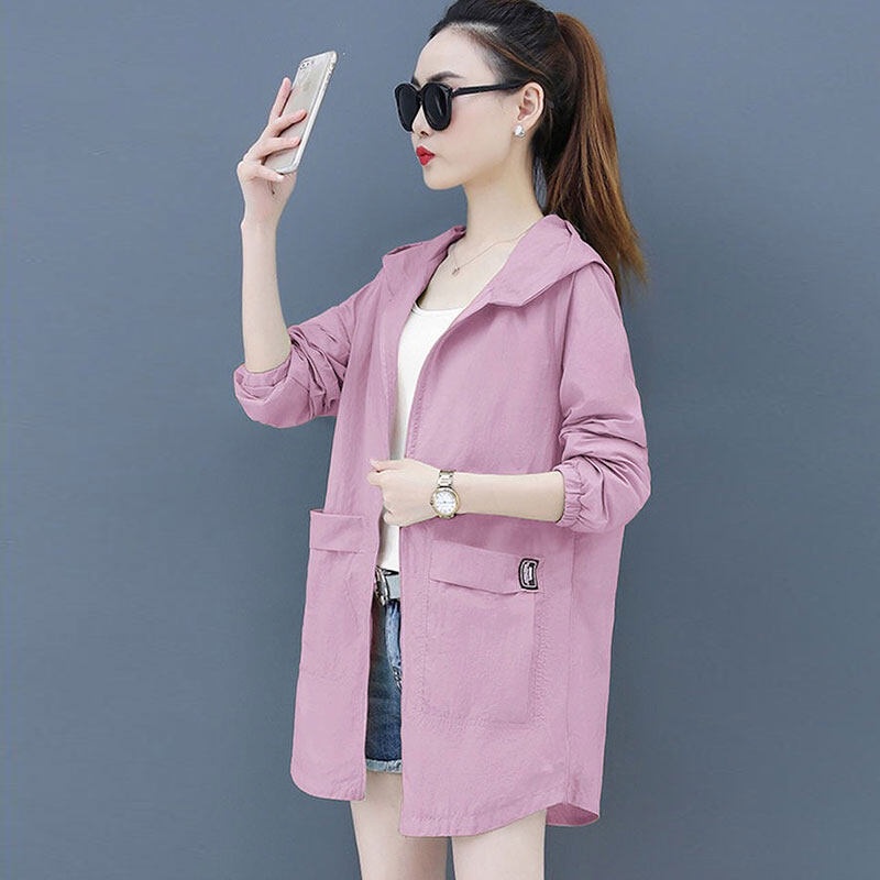 Áo khoác YEYA chống nắng mỏng tay dài màu trơn có khóa kéo dài đến giữa đùi cho nữ