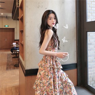 (ORDER - Sẵn XL) Váy hoa hai dây xòe dài 3 tầng điệu đà tiểu thư sang chảnh Hàn Quốc dự tiệc