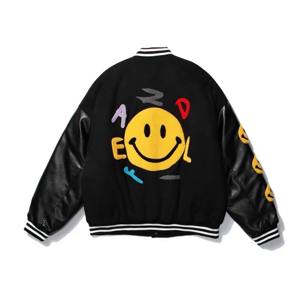 Áo khoác bomber, varsity jacket SMILEY màu đen, thêu họa tiết chữ và icon, unisex nam nữ