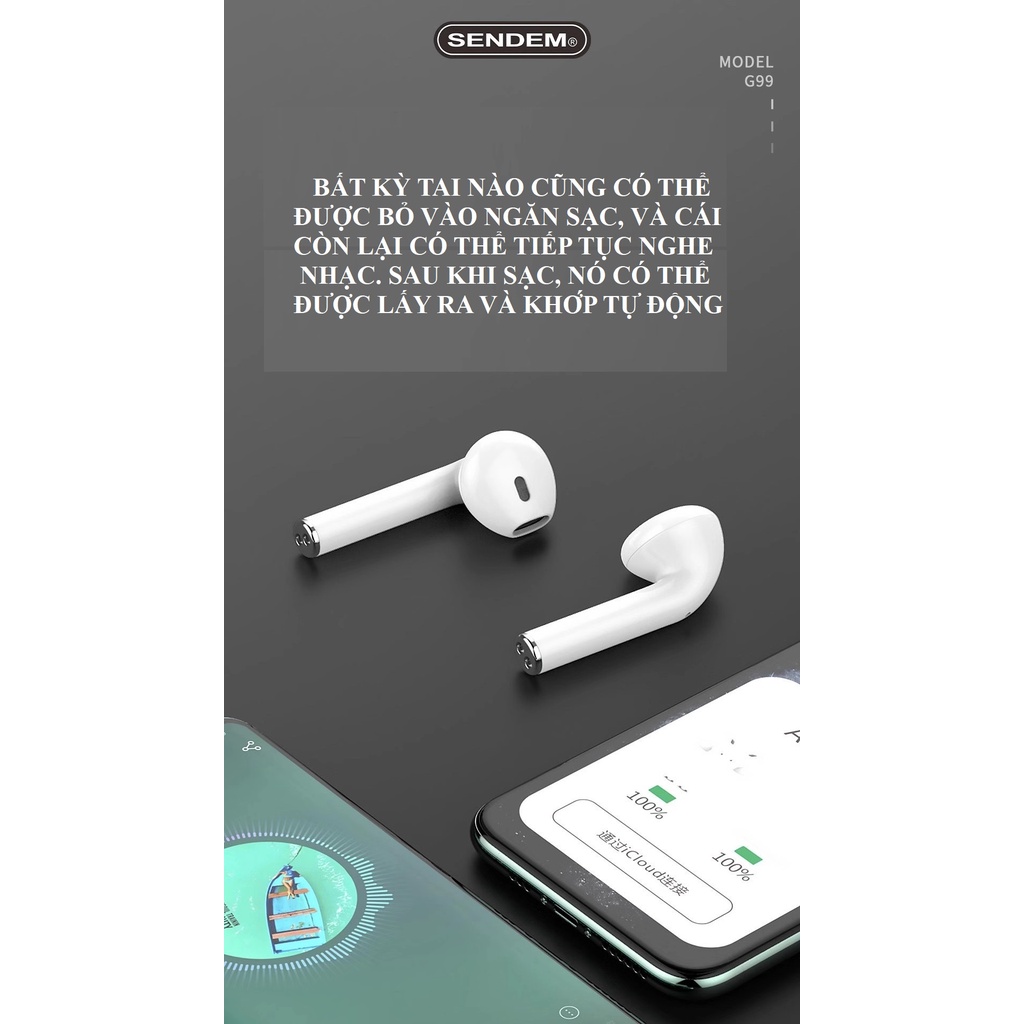 Tai nghe Bluetooth v5.0 không dây TWS SENDEM G99 bảo hành 1 năm hàng chính hãng