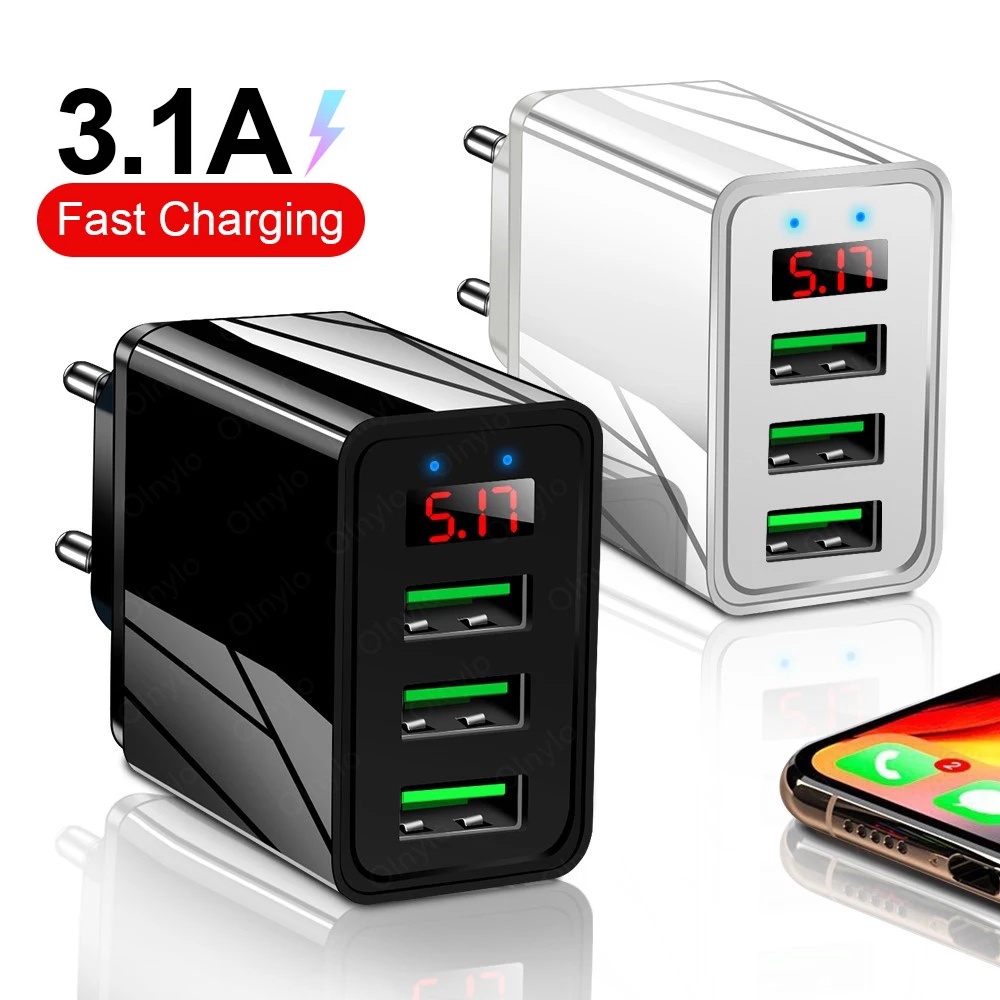 Bộ Sạc Nhanh 3 Cổng Usb 3.1A Tích Hợp Màn Hình Kỹ Thuật Số Tương Thích Với iPhone Và Android