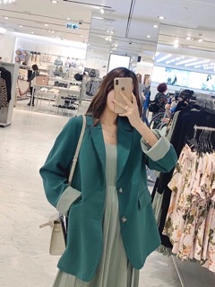 Set áo blazer - váy 2 dây xanh cổ vịt