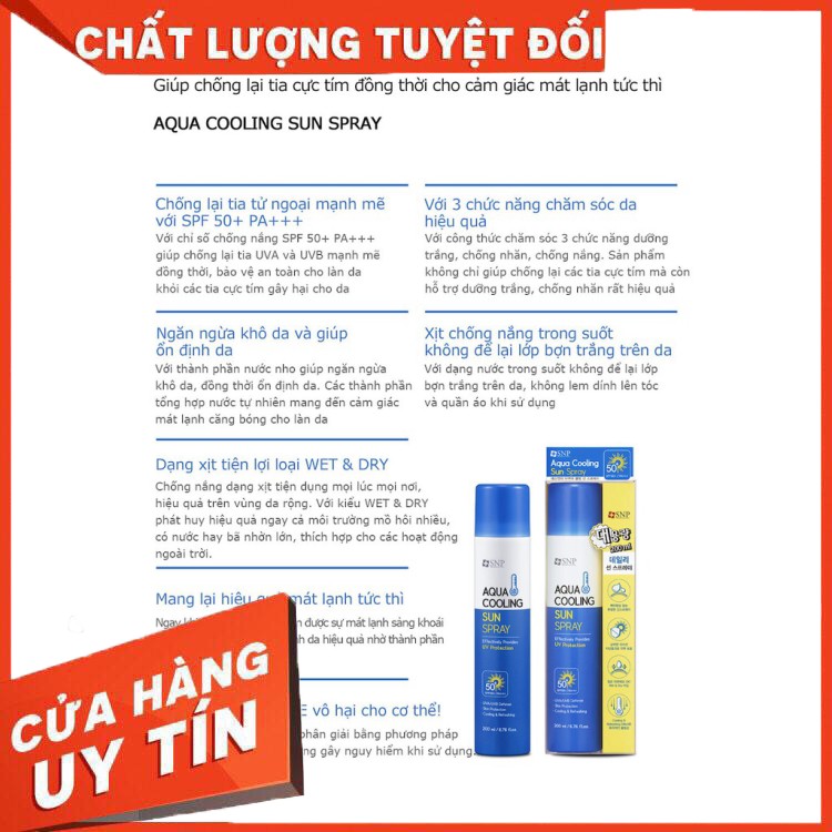 Chống nắng xịt mát da cấp ẩm, dưỡng trắng, chống nhăn- Aqua Cooling Sun Spray SNP