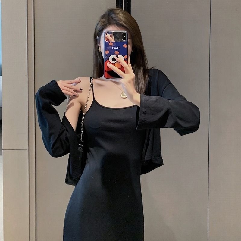 Đầm Dài Hai Dây Ôm Eo Tay Dài Phong Cách Phương Tây Quyến Rũ Thời Trang Mùa Thu