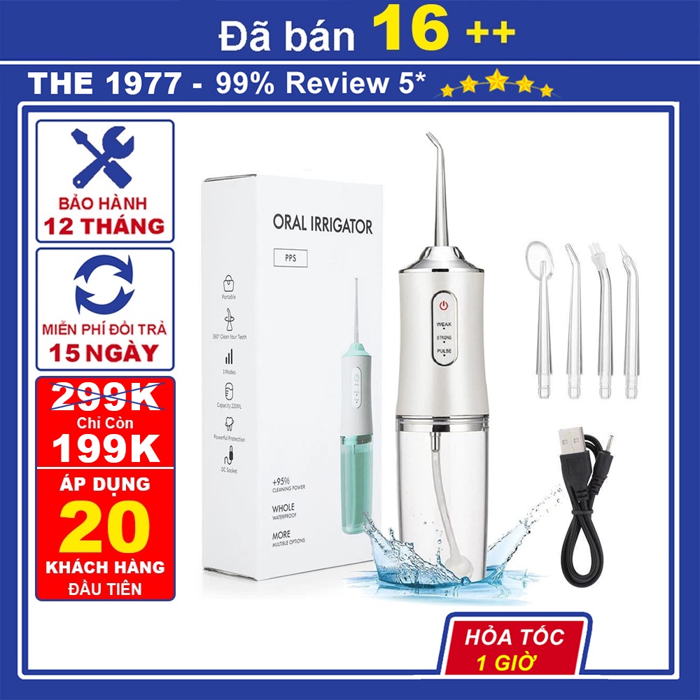 Máy tăm nước cầm tay cao cấp 3 chế độ tùy chỉnh vệ sinh răng miệng làm sạch kẽ hiệu quả chống thấm nước tặng kèm 4 đầu