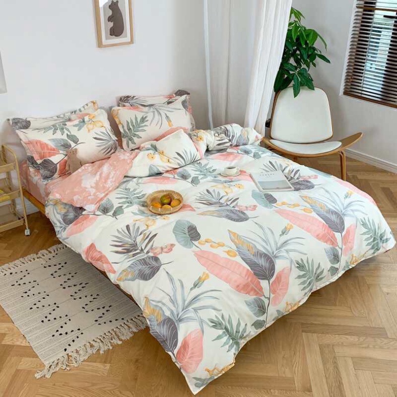 Bộ chăn ga gối Cotton poly Miha Bedding Lá đỏ, vỏ chăn mền, drap nệm và 2 vỏ gối