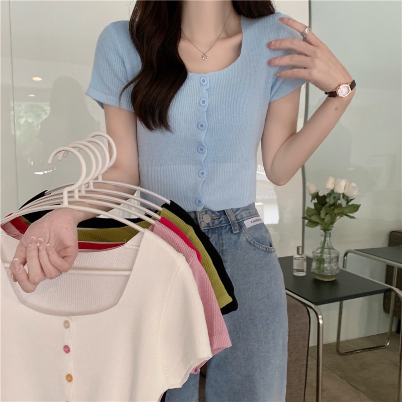 Áo Cardigan Dệt Kim Ngắn Tay Cổ Vuông Màu Sắc Ngọt Ngào Cho Nữ OOP13