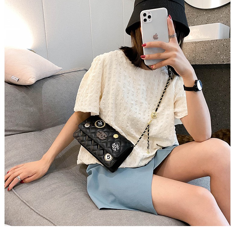 Túi xách CN thêu lưới dây chuyền kim cương huy hiệu cách điệu Ulzzang siêu xinh ❤️