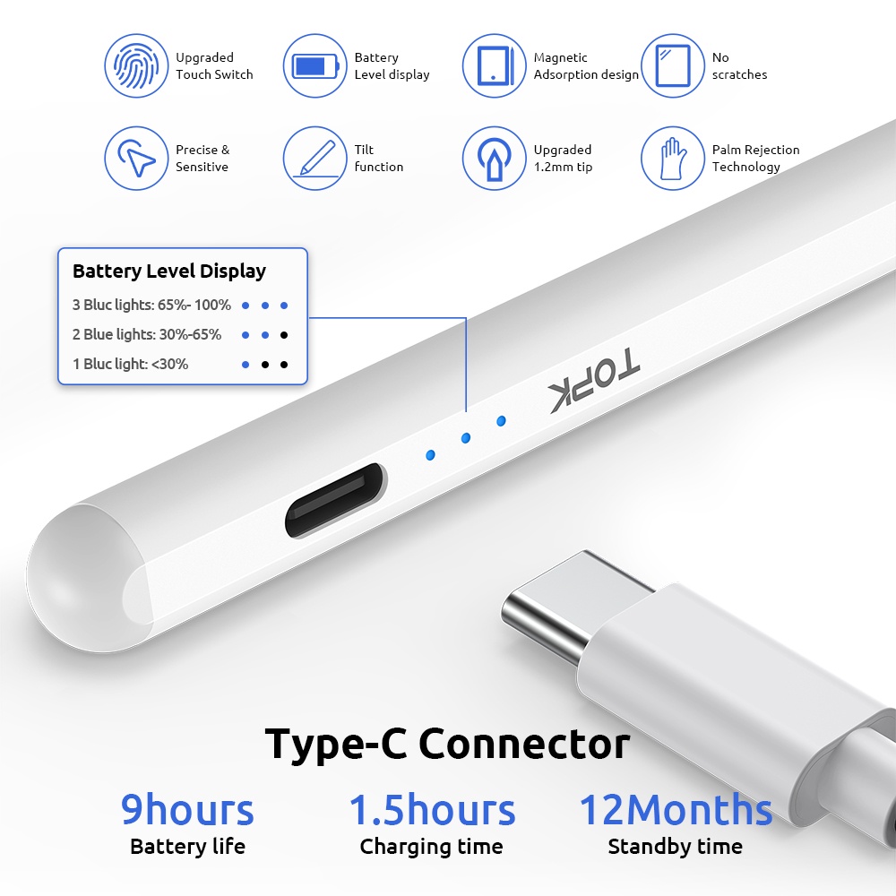 Bút cảm ứng TOPK LP-10 Stylus tiện dụng cho Apple iPad Pro Air mini 2nd 3rd 4th 5th 6th 7th 8th 2018 2019 2020 2021