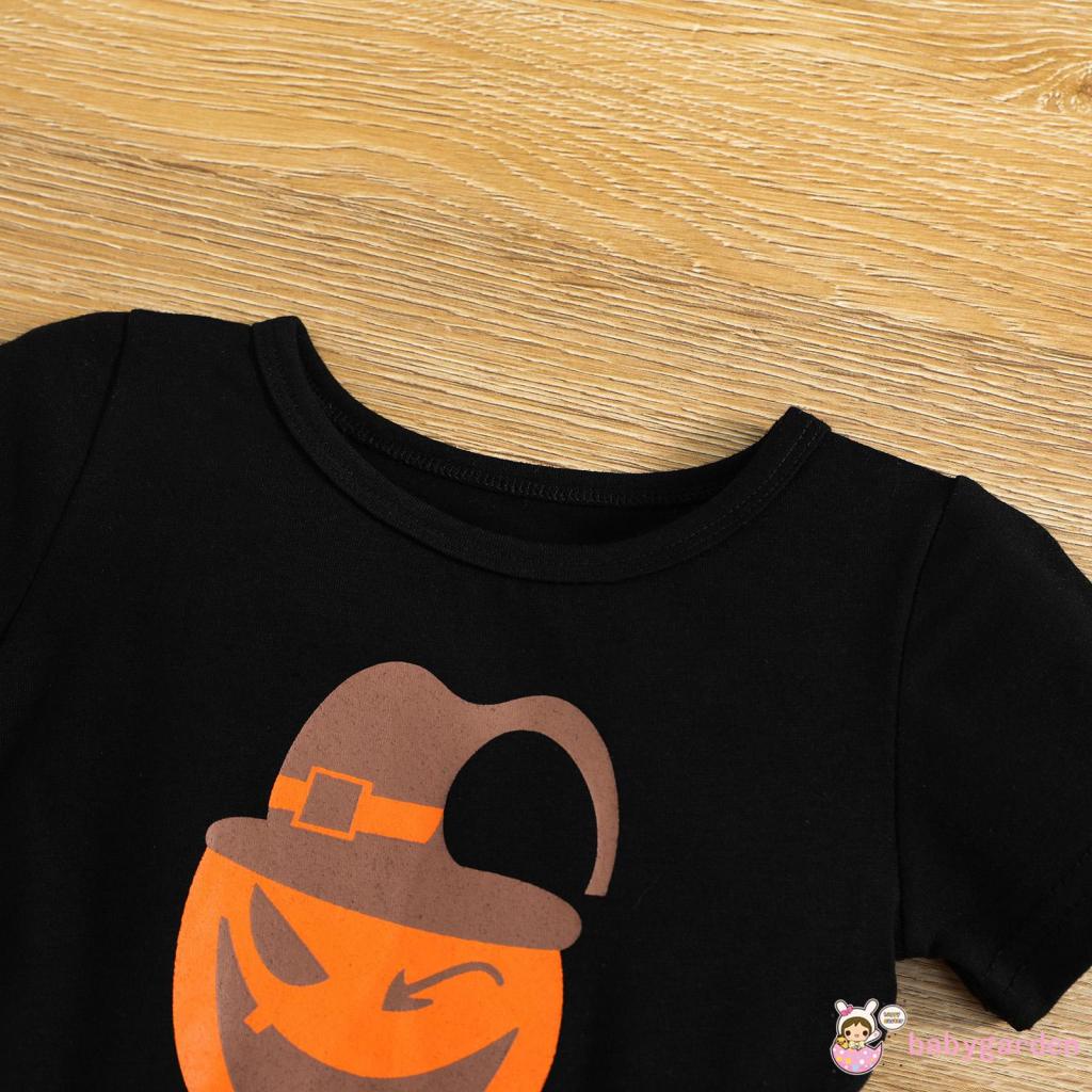 Đầm Tutu Phối Lưới Tay Ngắn In Họa Tiết Bí Ngô Phong Cách Halloween Cho Bé Gái 0-24 Tháng Tuổi