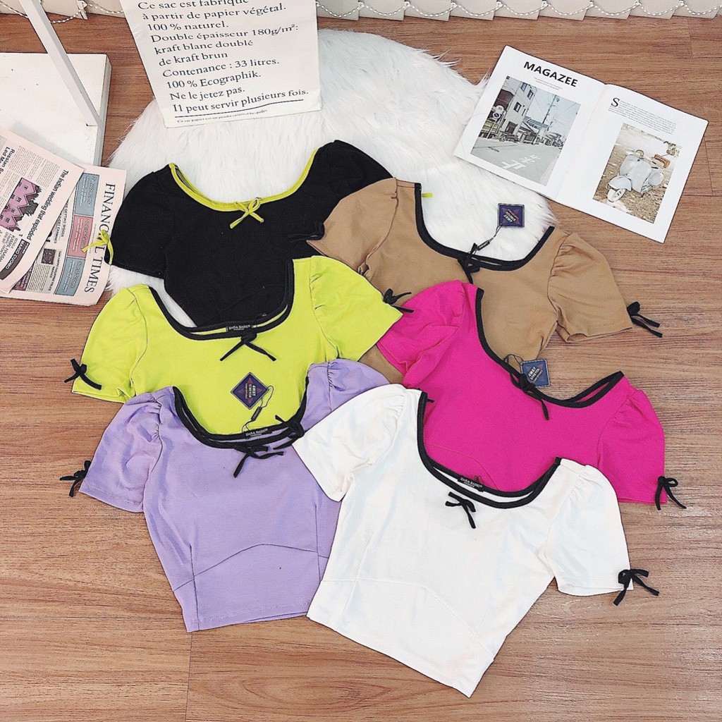 Áo croptop phối đính nơ nhỏ xinh xinh, áo kiểu nữ, áo croptop siêu hot