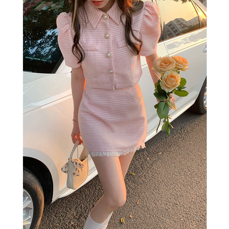 Xiaoxiangfeng suit women's spring suit new slim pink aging short-sleeved blouse splicing buttocks half-body skirt