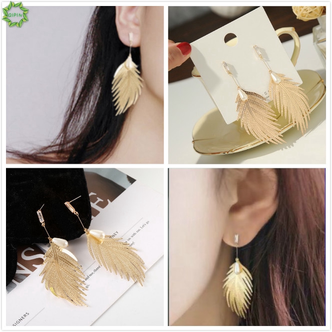 Khuyên tai dài gắn trang trí lông vũ phong cách Hàn Quốc thanh lịch dành cho nữ
