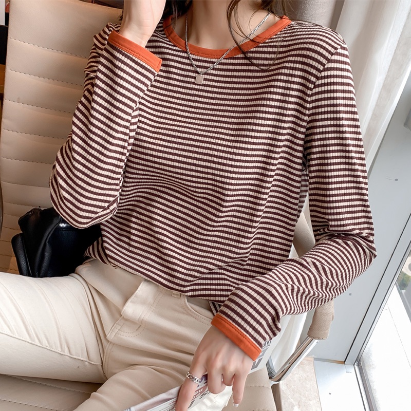 Áo Thun Dài Tay Dáng Rộng Họa Tiết Kẻ Sọc Màu Sắc Tương Phản Thời Trang Mùa Thu Mới