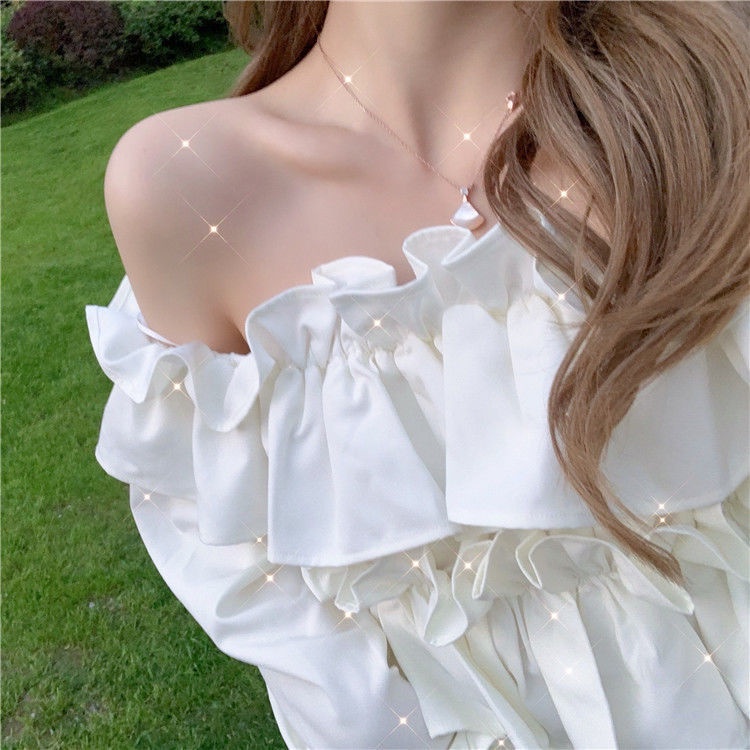 Áo kiểu COZOKC trễ vai tay dài phối bèo thời trang dành cho nữ