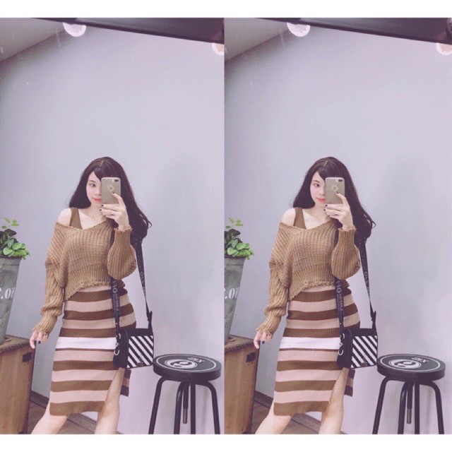 Set váy len kẻ kèm áo