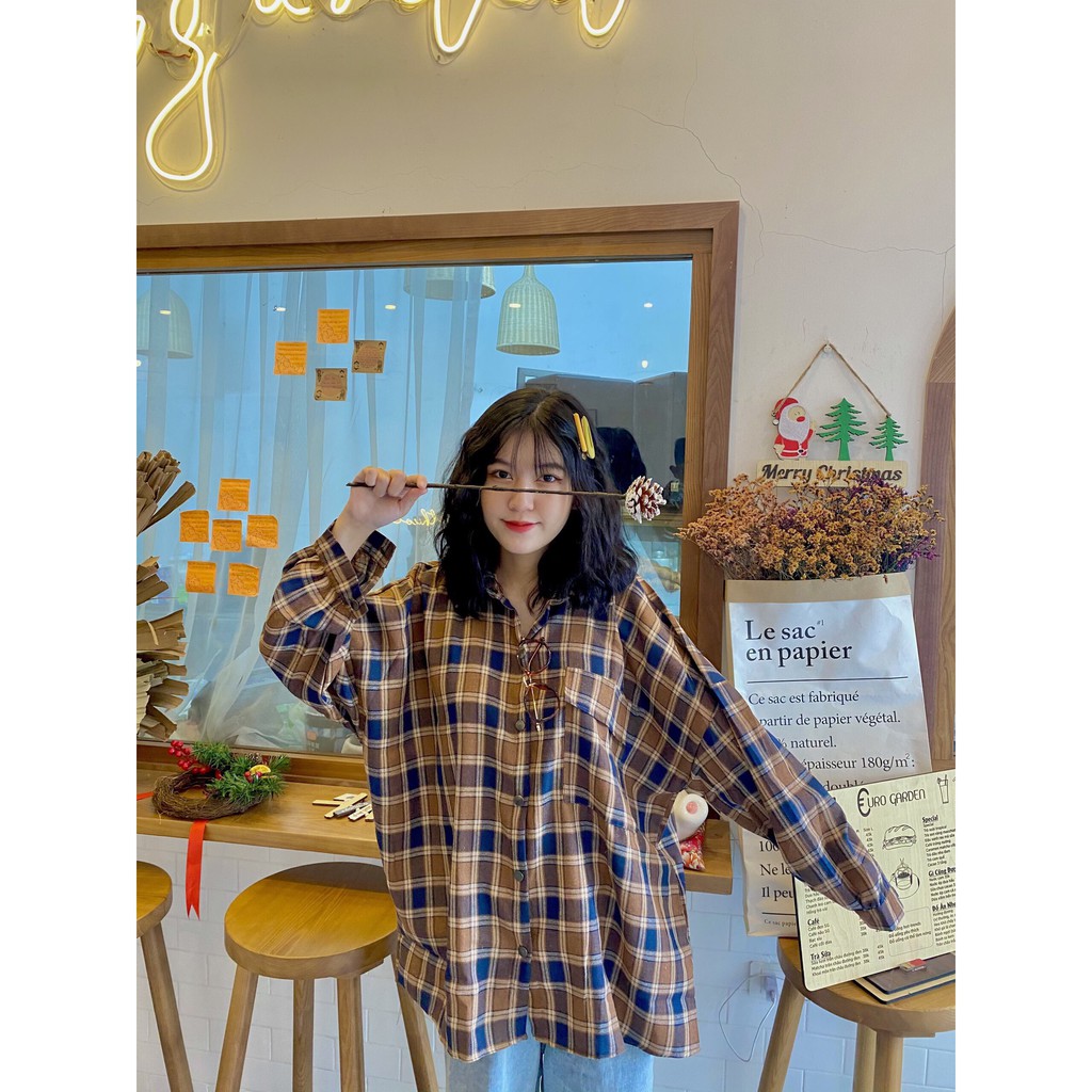 ÁO SƠ MI KẺ NỮ FORM RỘNG SIÊU KUTE