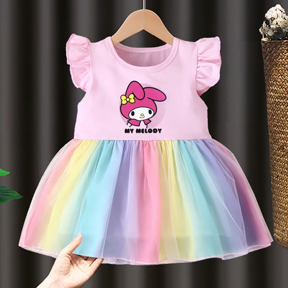 Đầm Xòe Công Chúa In Hình Mèo kitty Màu Cầu Vồng Dễ Thương Cho Bé Gái