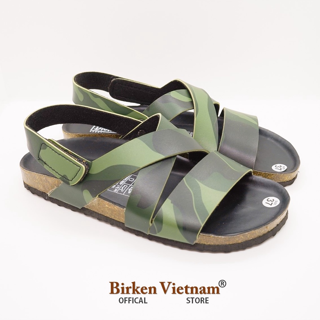 Mã R21 Sandal ĐẾ TRẤU Da PU Camo Rằn Ri Quai Chéo Khóa Dán Unisex Birken Vietnam Bioline