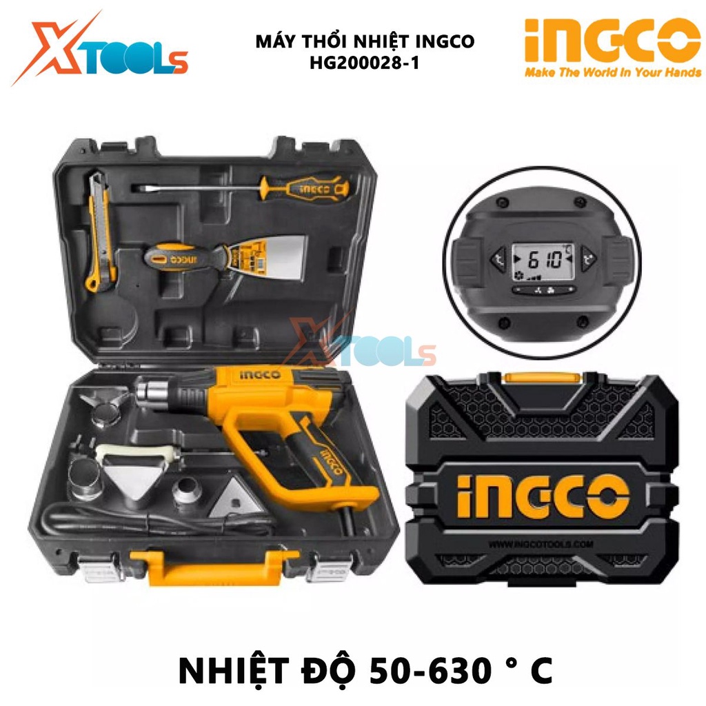 Bộ máy thổi nhiệt INGCO HG200028-1 | Bộ máy khò nhiệt 2000W, Nhiệt độ 50C / 50-630 ° C, màn hình hiển thị LCD tháo mối h