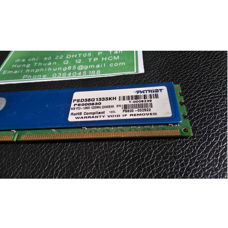 Ram tản nhiệt 8Gb ddr3 bus 1333 - 10600u, 1 cặp 2x4Gb, hiệu Patriot  chính hãng, bảo hành 3 năm