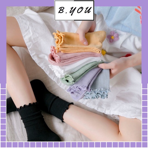 Tất nữ cao cổ bèo nhún 7 màu phong cách hàn quốc xinh xắn dễ thương chất liệu thoáng mát thấm hút mồ hôi