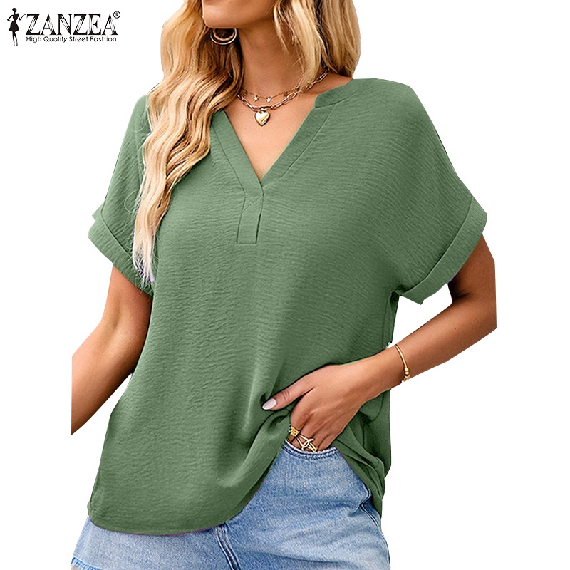 Zanzea Áo Nữ Tay Ngắn Cổ Chữ V Màu Trơn Phong Cách Châu Âu