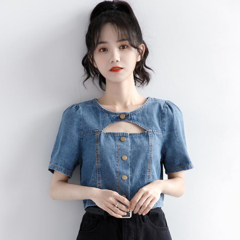 Áo Sơ Mi Denim Tay Ngắn Phong Cách Mới Mùa Hè Cho Nữ