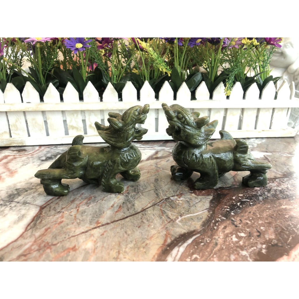 Cặp Tỳ Hưu phong thủy tài lộc đá ngọc Ấn Độ - Dài 10 cm